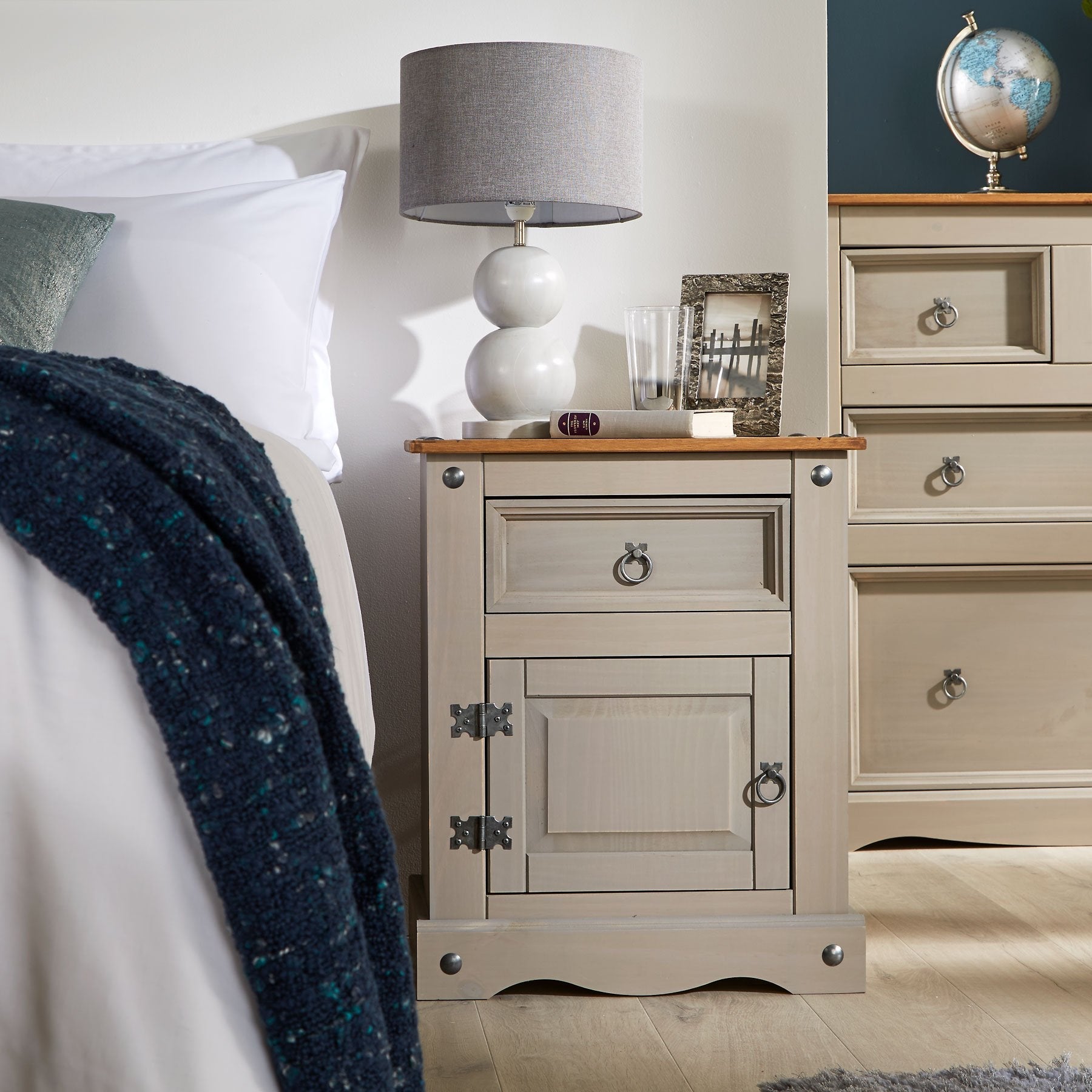 Corona Grey Pine Bedside Table – Distressed Solid Wood