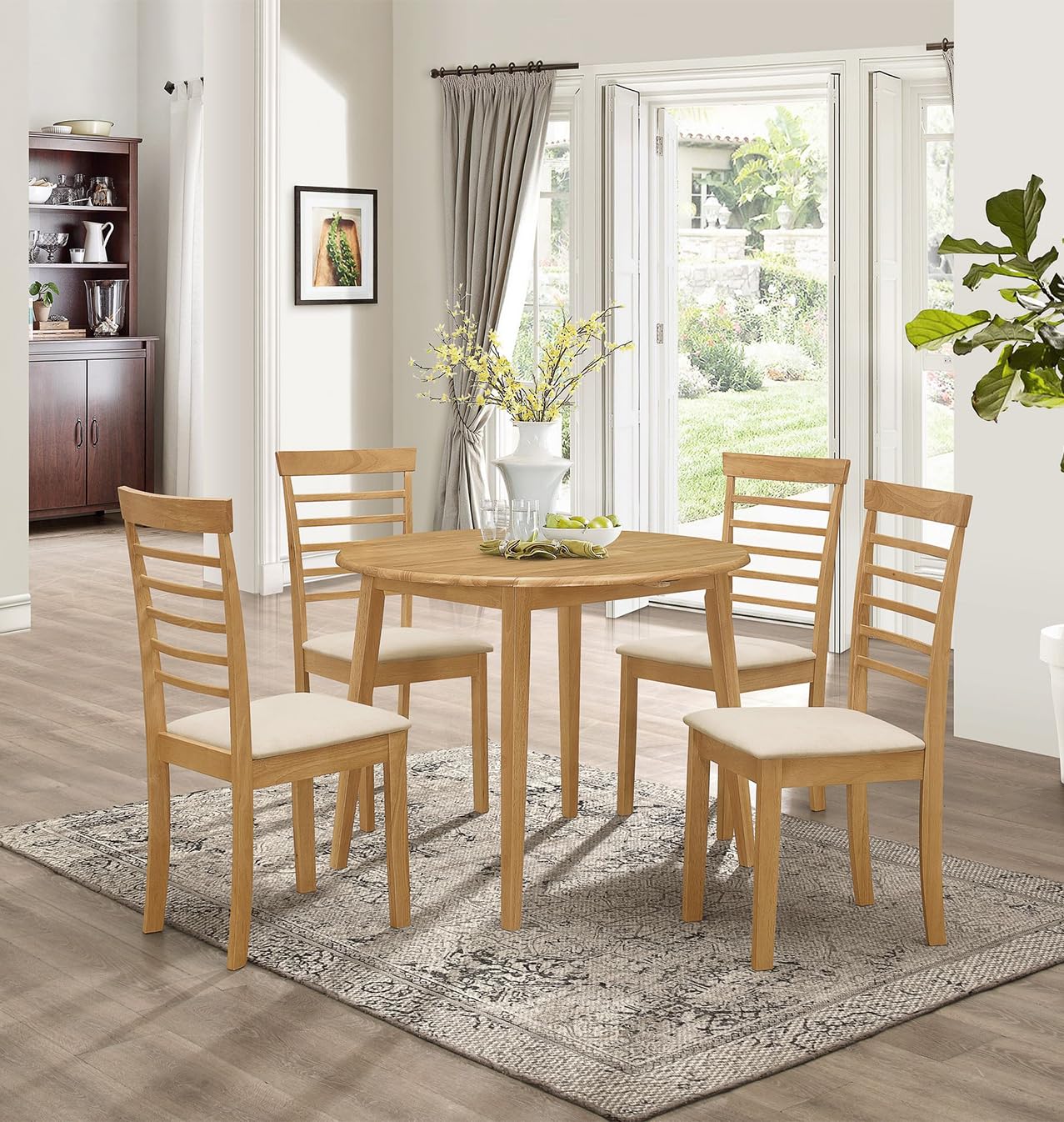 Hallowood Ledbury Round Drop Leaf Dining Table and 4 Cream Padded Chairs