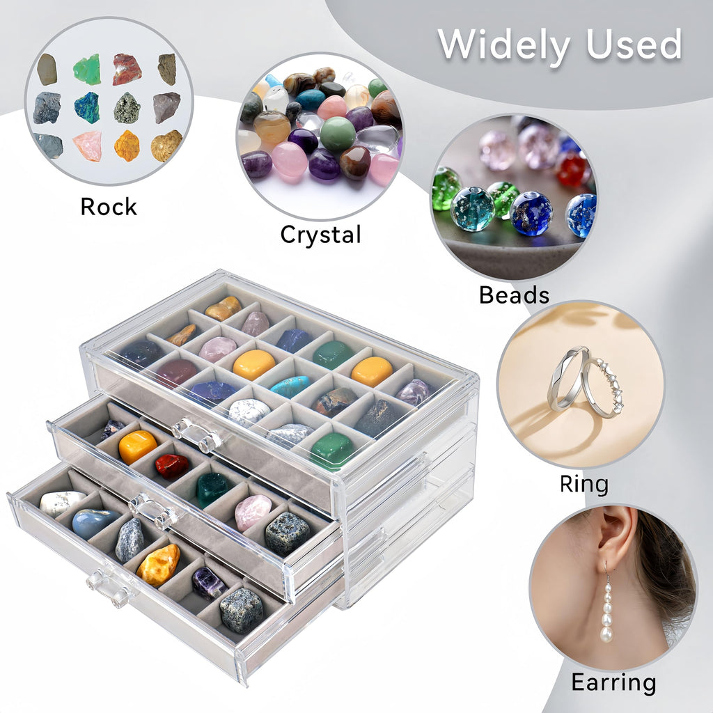 Dmnnlp Rock Display Case, 3 Drawers 54 Grids Rock Collection Box, Storage Cases for Gemstone Fossil Crystal Stone Jewellery Grey