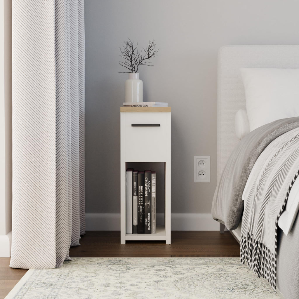 ComfortCove Narrow Bedside Table with Storage Shelf & Handle, White/Oak - image 2