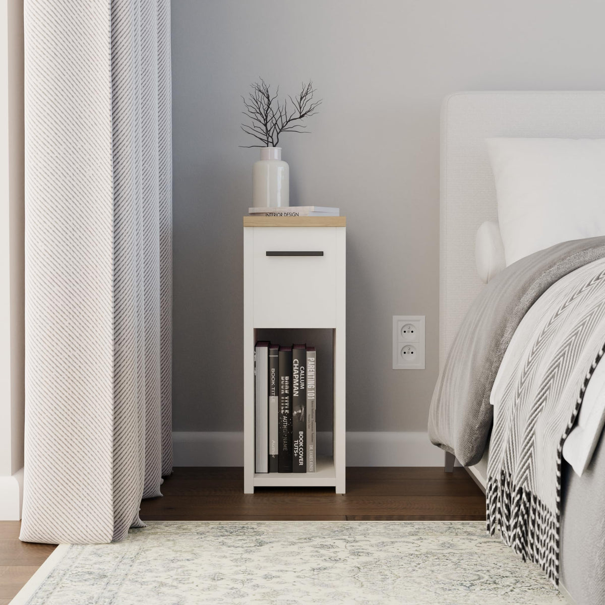 ComfortCove Narrow Bedside Table with Storage Shelf & Handle, White/Oak - image 2