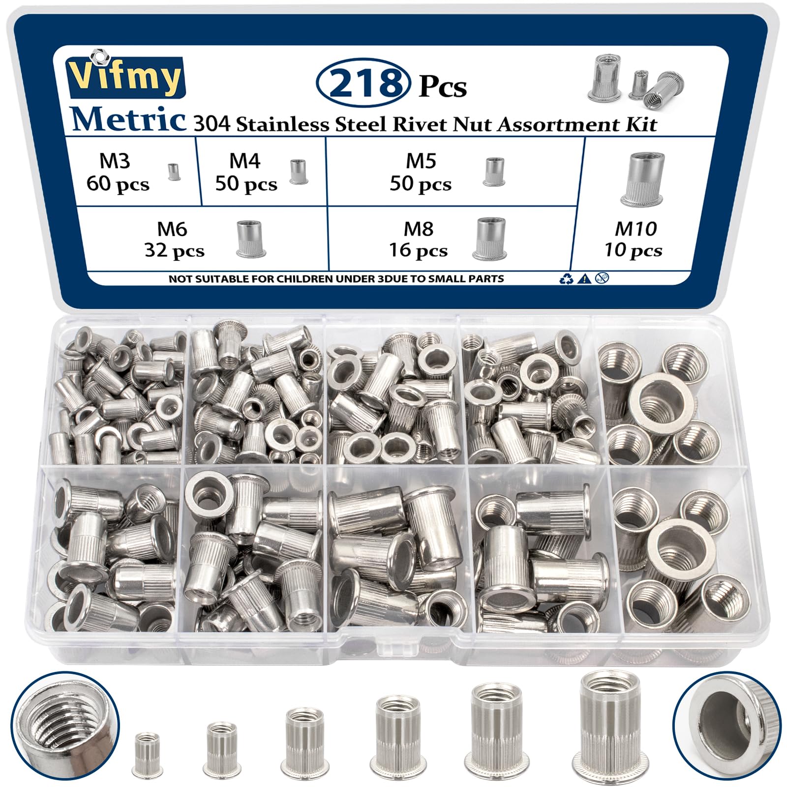 Vifmy 304 Stainless Steel Rivet Nut Assortment Kit - 218 Pcs Metric Set