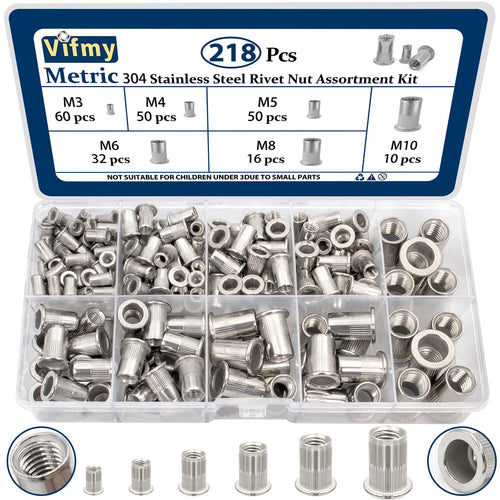 Vifmy 304 Stainless Steel Rivet Nut Assortment Kit - 218 Pcs Metric Set