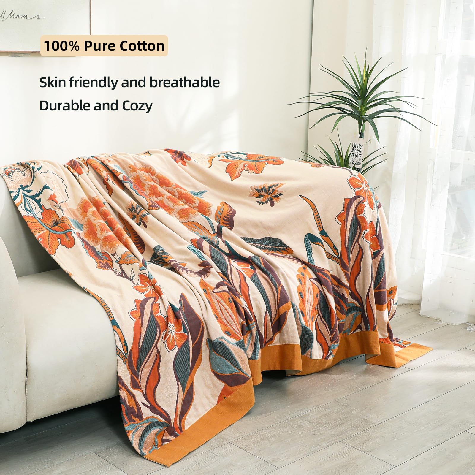 VANJOROY Organic Cotton Bohemian Throw Blanket | Large Boho Sofa Bedspread