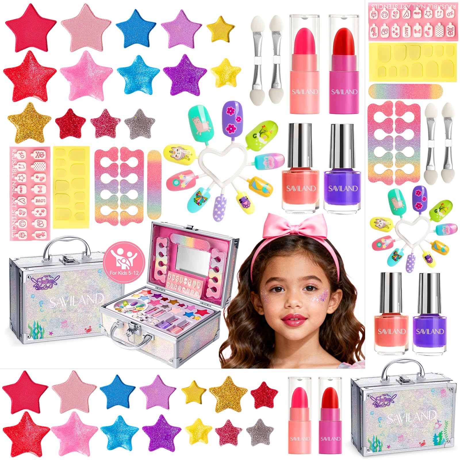Saviland Kids Makeup Set for Girls - 32 Pcs Washable Non-Toxic Cosmetic Kit
