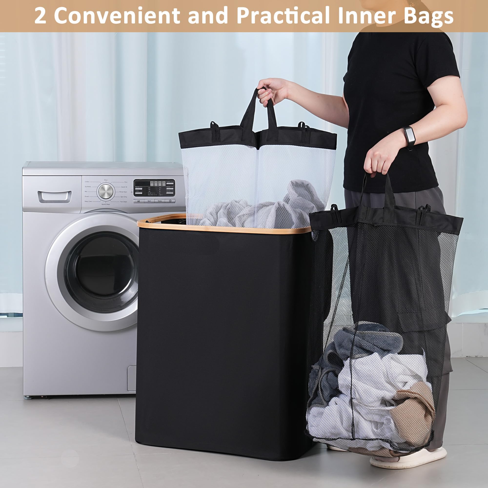 iEGrow 150L Double Laundry Basket with Lid – Foldable 2 Compartment Hamper
