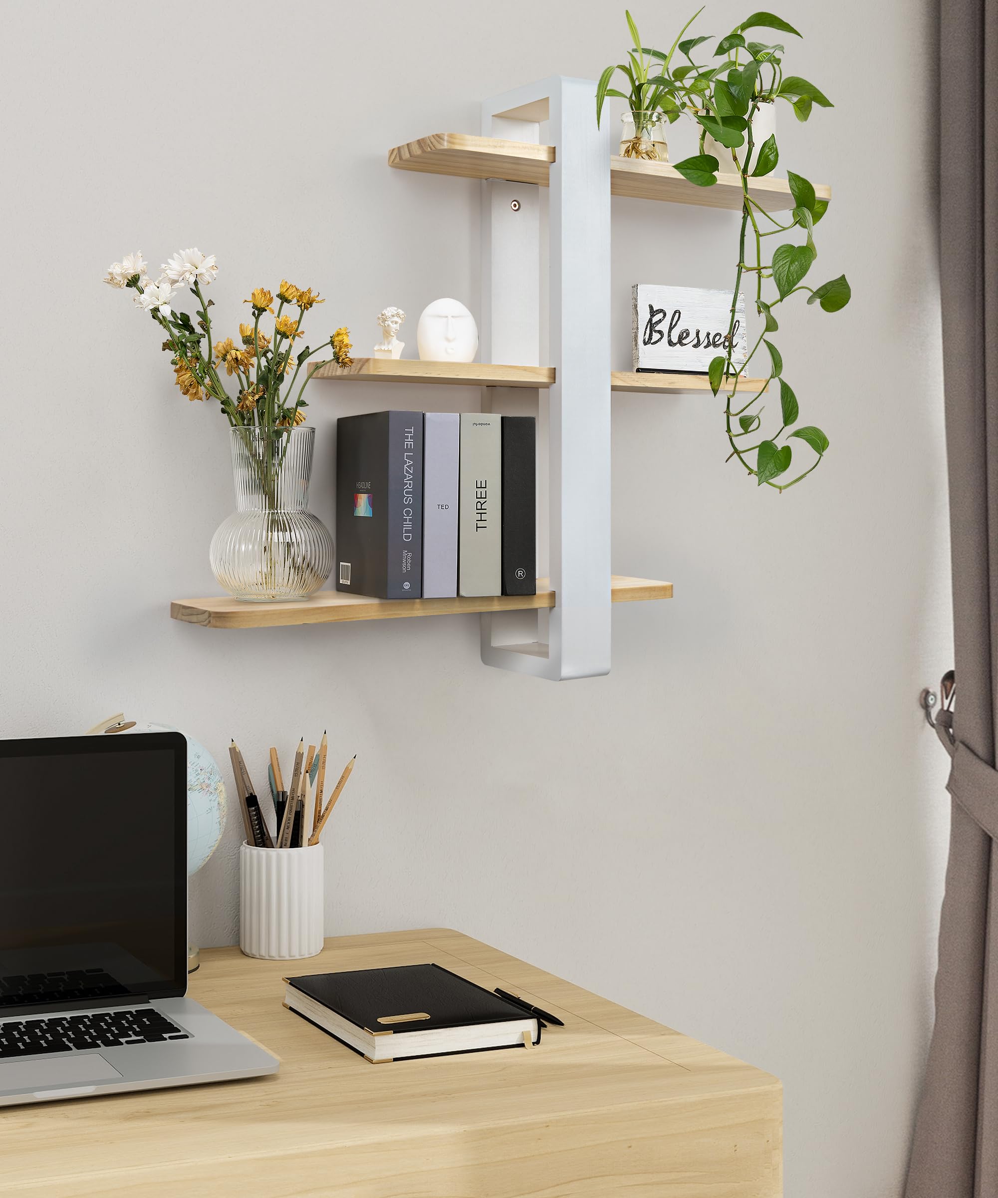SUMGAR White Floating Shelves | 3-Tier Pine Wood Wall Mounted Shelving Unit