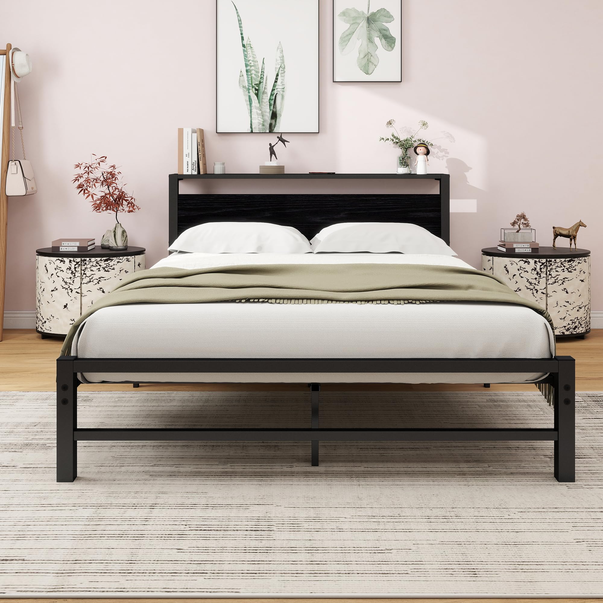 ARFARLY Metal Bed Frame 140x200cm | Industrial Bed with Storage Headboard