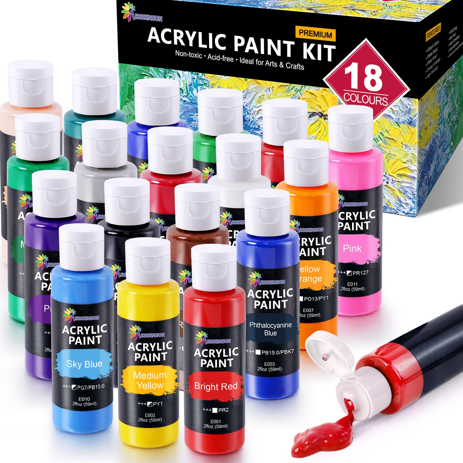 ESSENSON Acrylic Paint Set - 18 Vibrant Colors for Canvas, Wood & Rock