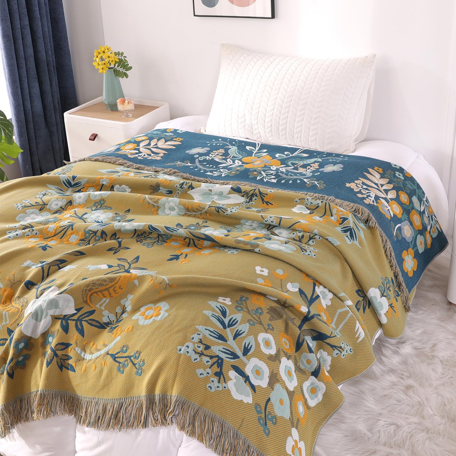 DECMAY Boho 100% Cotton Throw Blanket – Reversible Tasseled Sofa Cover