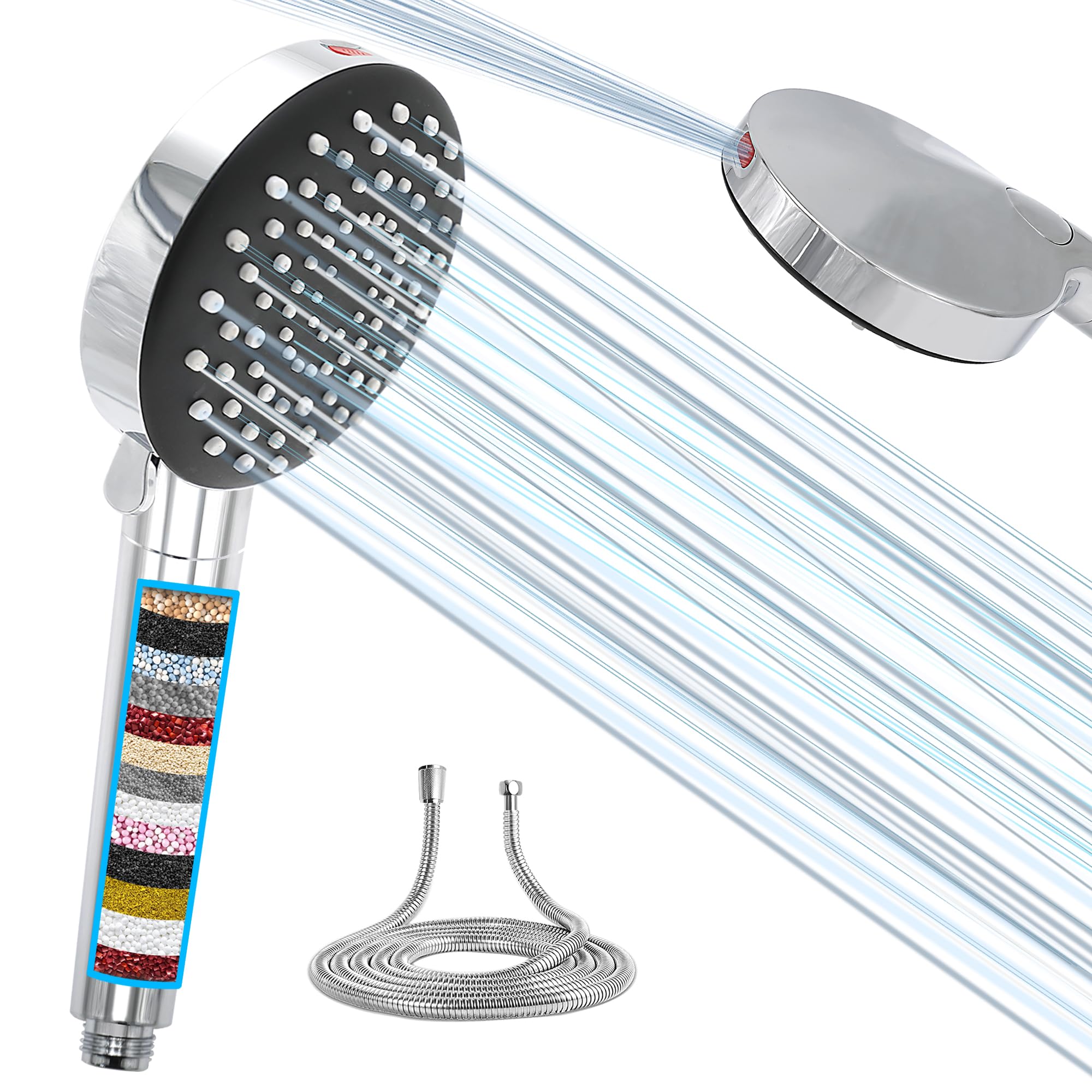 SANYCASA High Pressure Filtered Shower Head with Hose - 7 Jet Modes