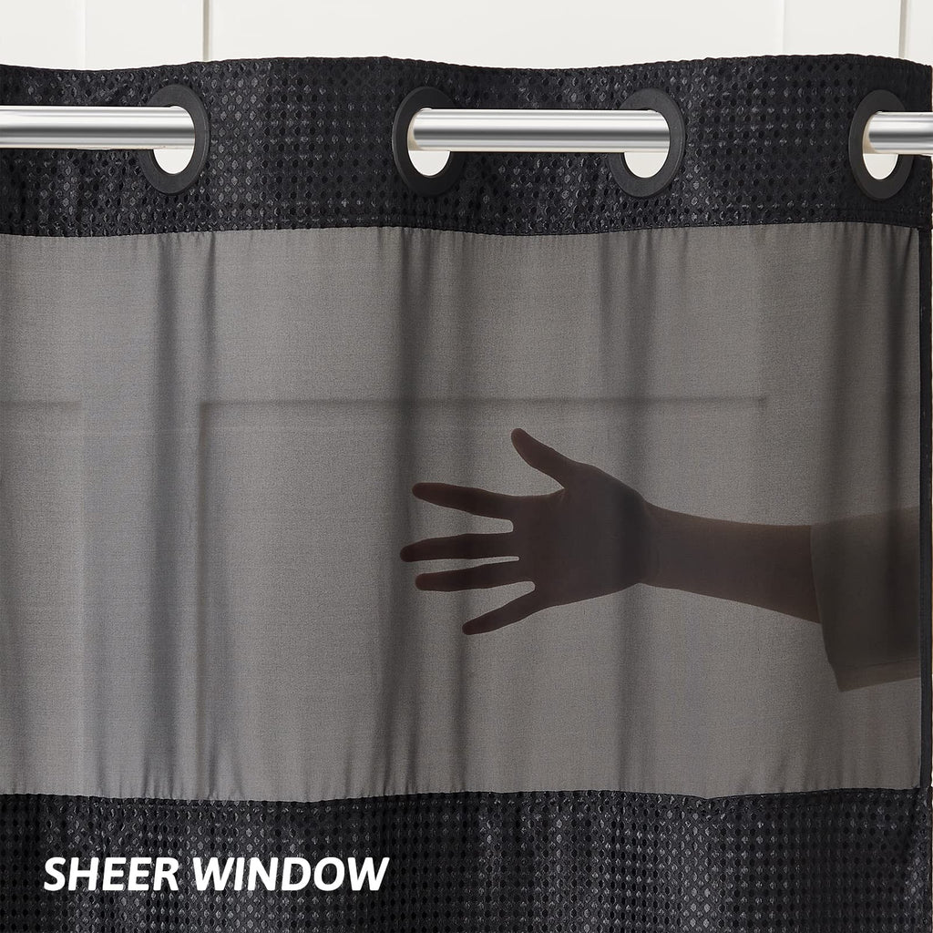 Furlinic Shower Curtain Hookless Black Jacquard Waffle Fabric 75inch Long Weighted Anti Mould with White Polyester Snap in Liner and Mesh Curtains - image 2