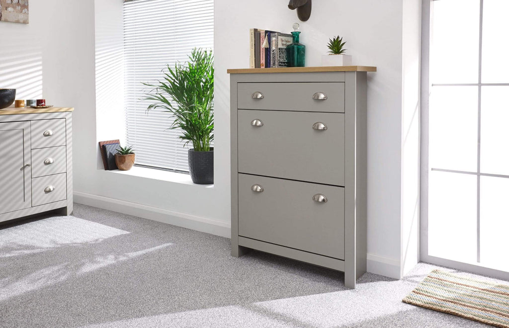 GFW Lancaster 2 Door 1 Drawer Shoe Cabinet – Grey with Oak Effect Top