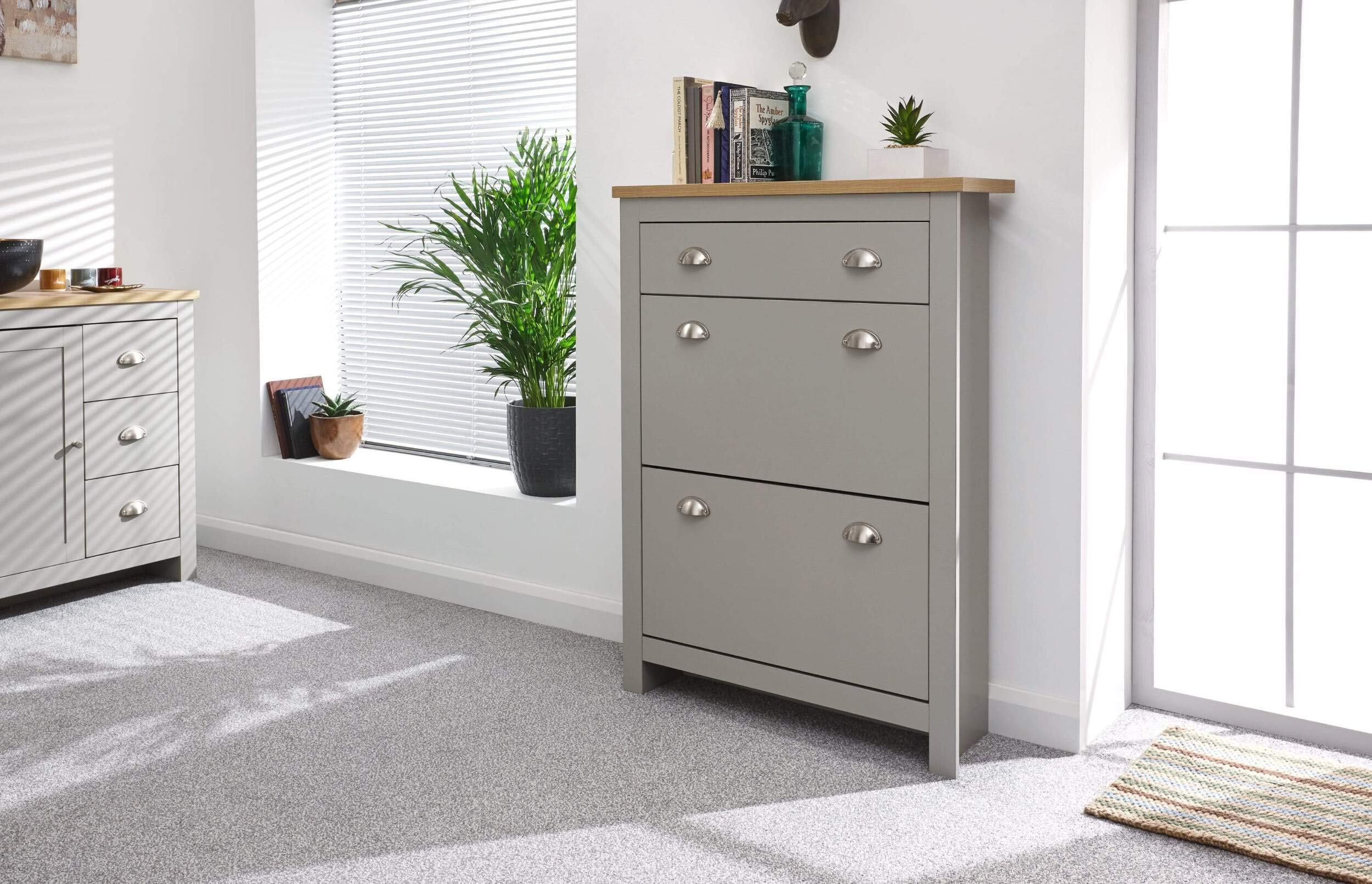 GFW Lancaster 2 Door 1 Drawer Shoe Cabinet – Grey with Oak Effect Top