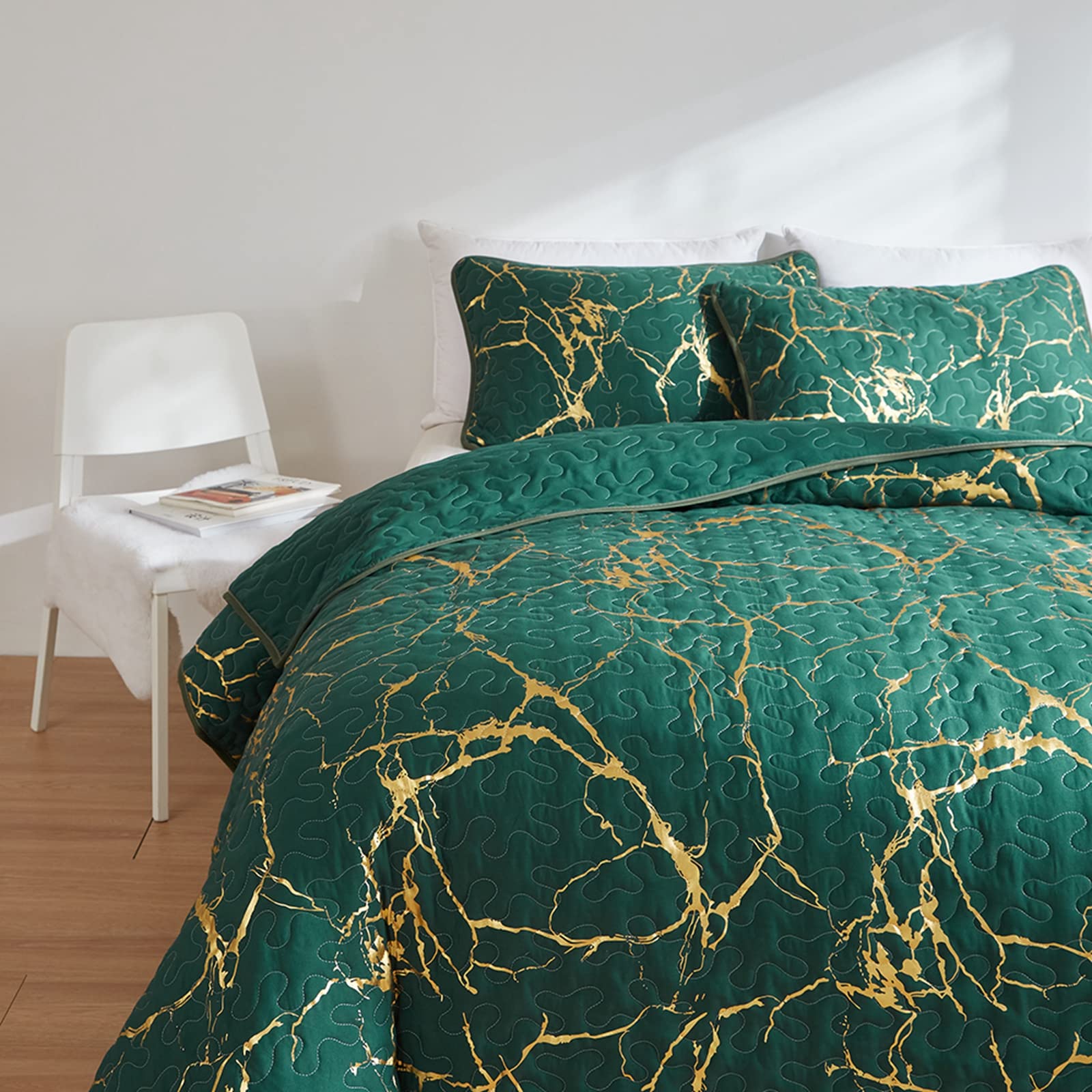 Green Gold Marble King Bedspread – Luxury Microfiber Quilt Set