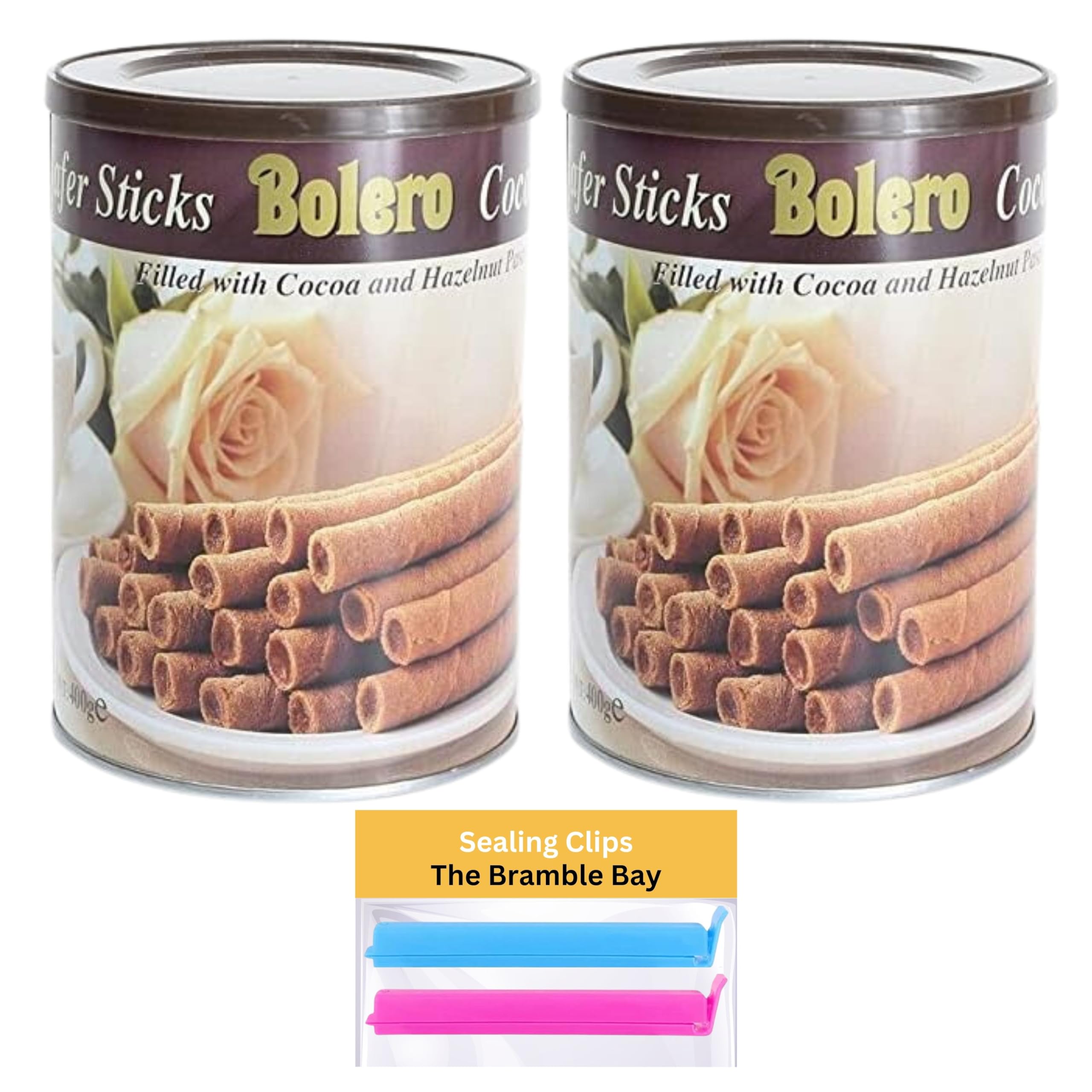 Bolero Cocoa & Hazelnut Wafer Rolls Bundle (400g x 2) with Sealing Clips