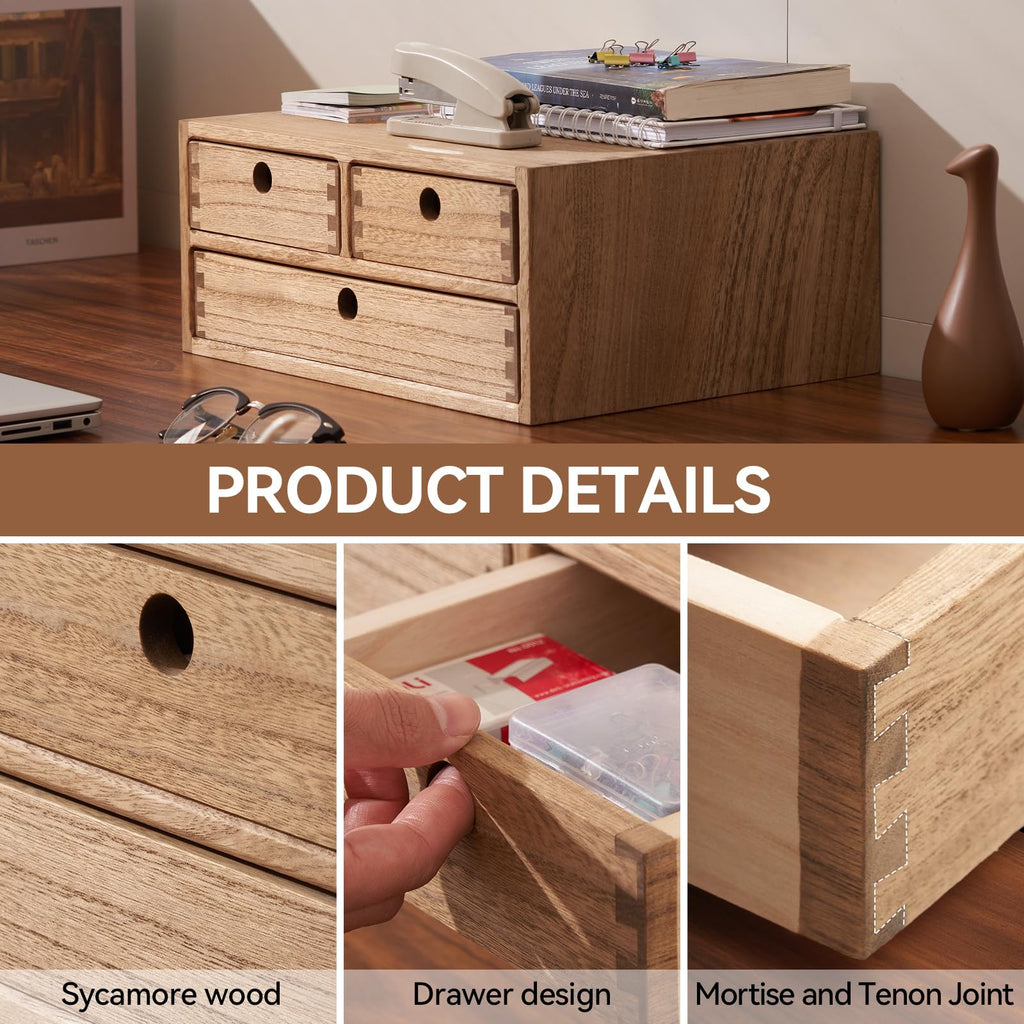 KIRIGEN Wooden Desktop Organizer | 3-Drawer Office Storage Cabinet