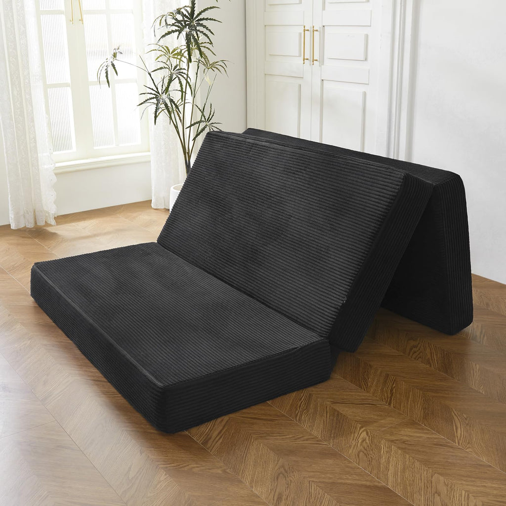 MAXYOYO Folding Corduroy Mattress, Tri Fold Floor Mattress 15cm thick with Washable Cover,Foldable in Three,Space-Saving for Guest Black, Single