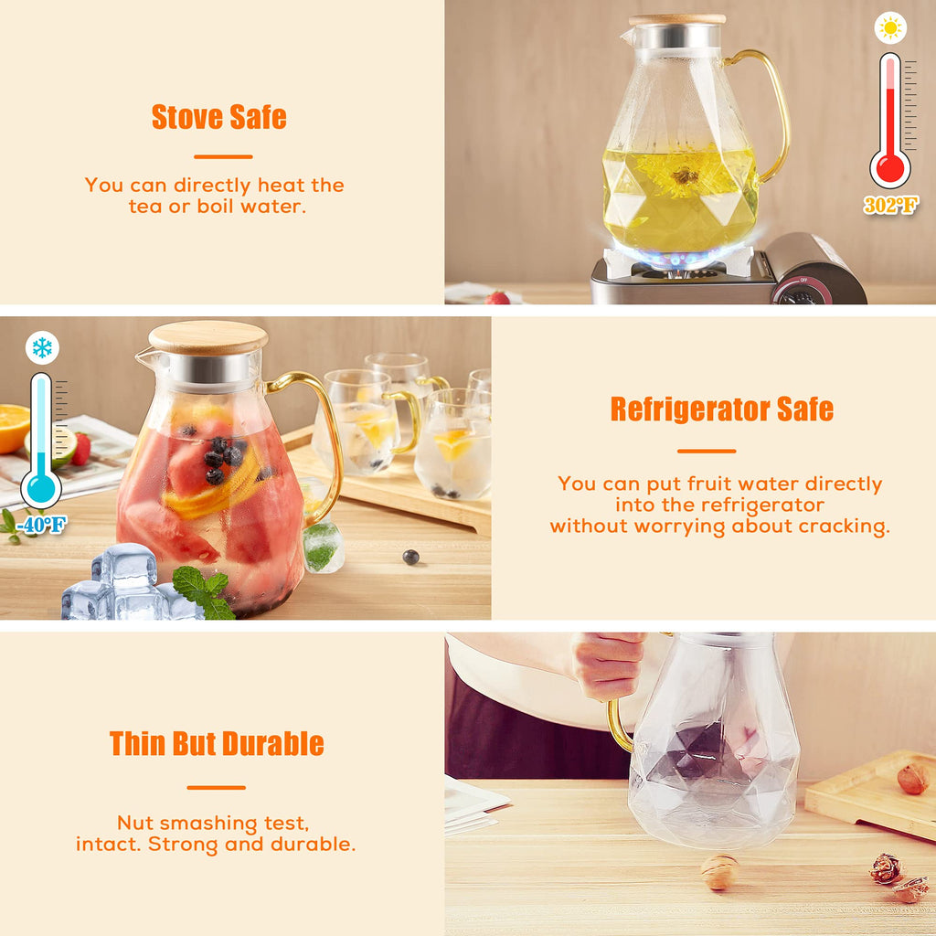 DUJUST Diamond Glass Water Jug Set – 6-Piece Borosilicate Pitcher with Tray