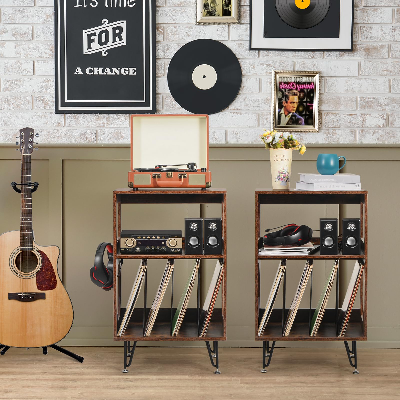 ikkle Rustic Record Player Stand | Vinyl Storage Cabinet with Metal Legs