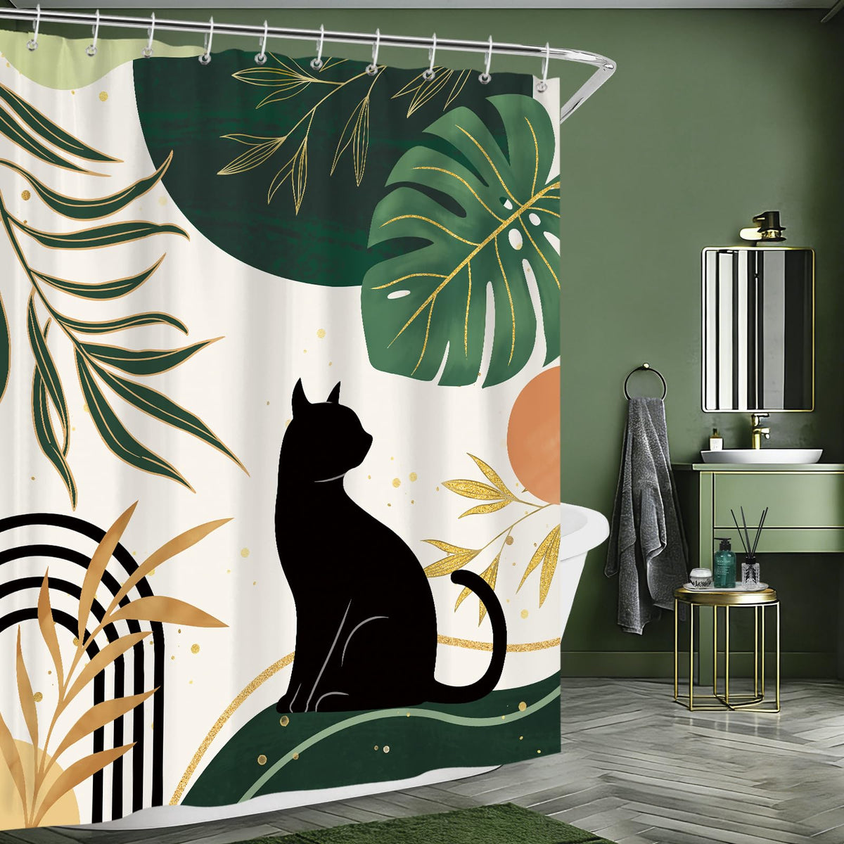 hometrixx Boho Black Cat Palm Leaf Sun Shower Curtain Green 72X72Inch - image 3