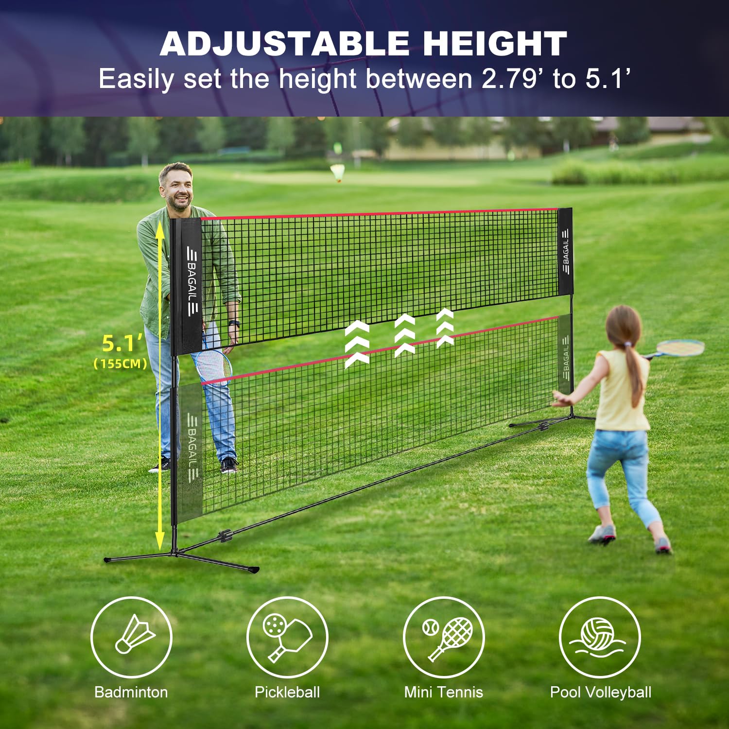 BAGAIL Portable Badminton Net – Height Adjustable Foldable Sports Net