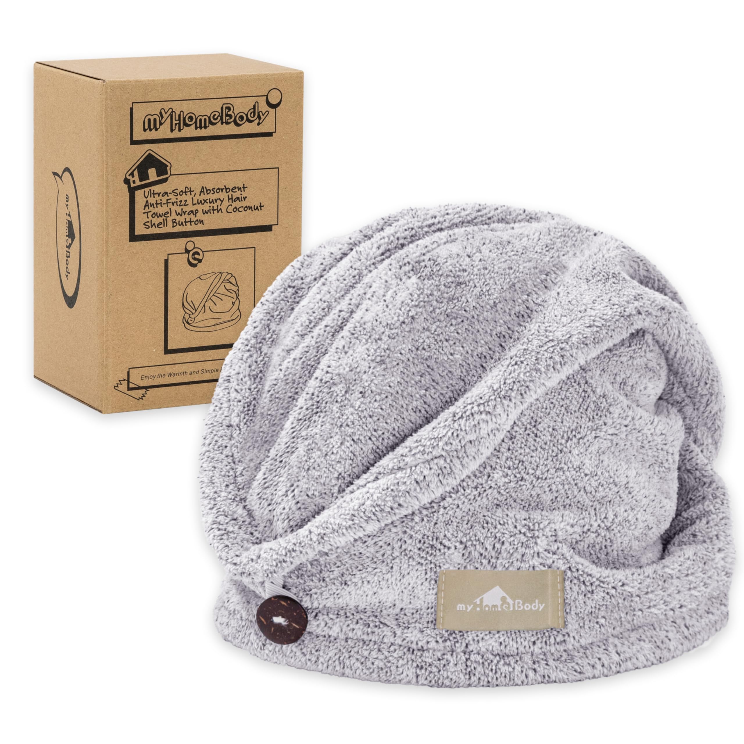 myHomeBody Charcoal Fiber Hair Towel Wrap – Quick Dry Turban in Gray