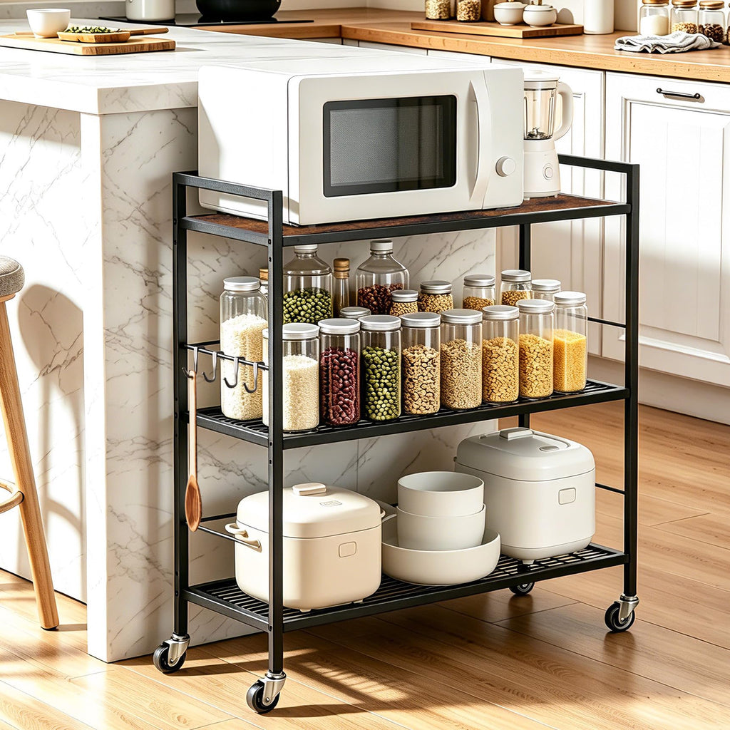 3-Tier kitchen trolley,Brown Wood Top,80W×30Dcm,4 Hooks, Adjustable Shelves - image 5