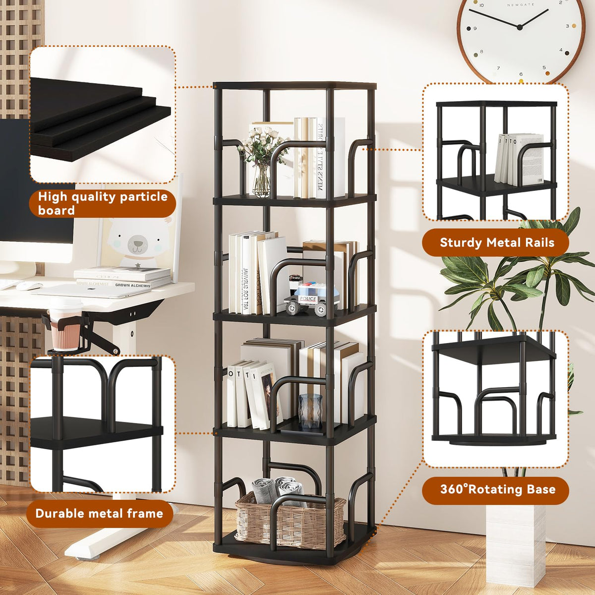 IBUYKE 5 Tier Rotating Bookshelf,Square Bookcases,Black TBC004B - image 5