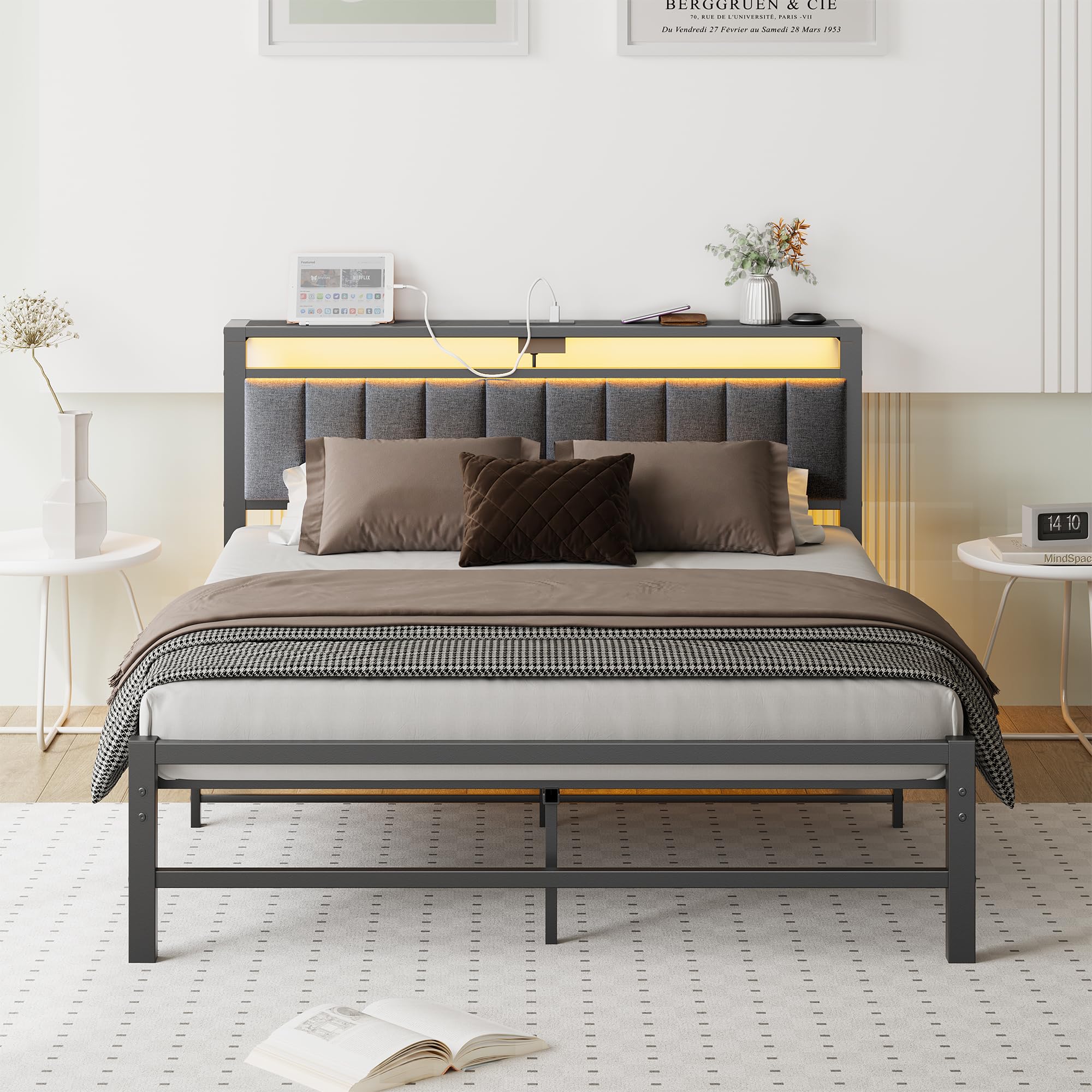 ARFARLY 4ft6 Double Bed Frame with Storage Headboard, LED & USB