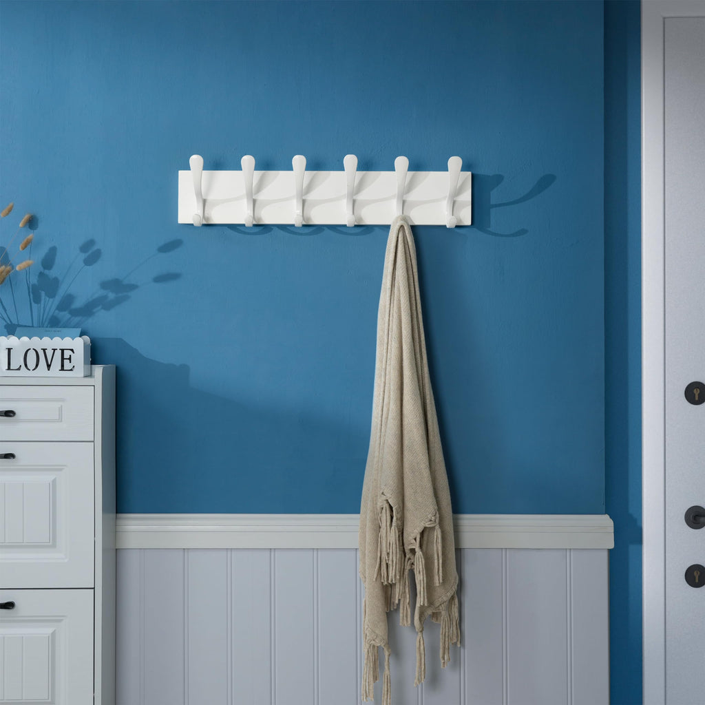 SKOLOO Wall Mount Coat Rack - 2 Pack White Pine Wood Hanger with 6 Hooks
