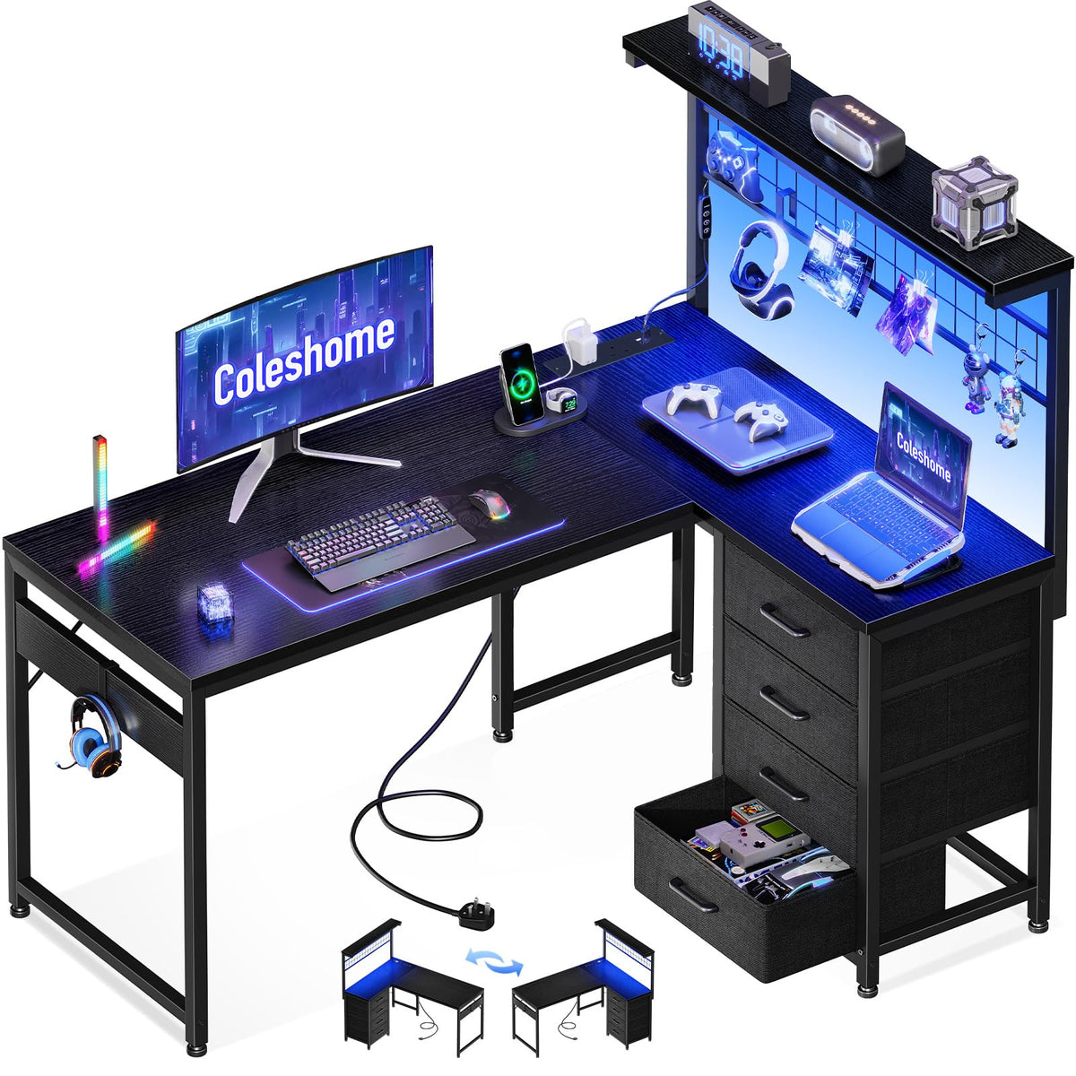Coleshome L Shaped Gaming Desk with Drawers & Shelf, 110 × 80 cm - image 1