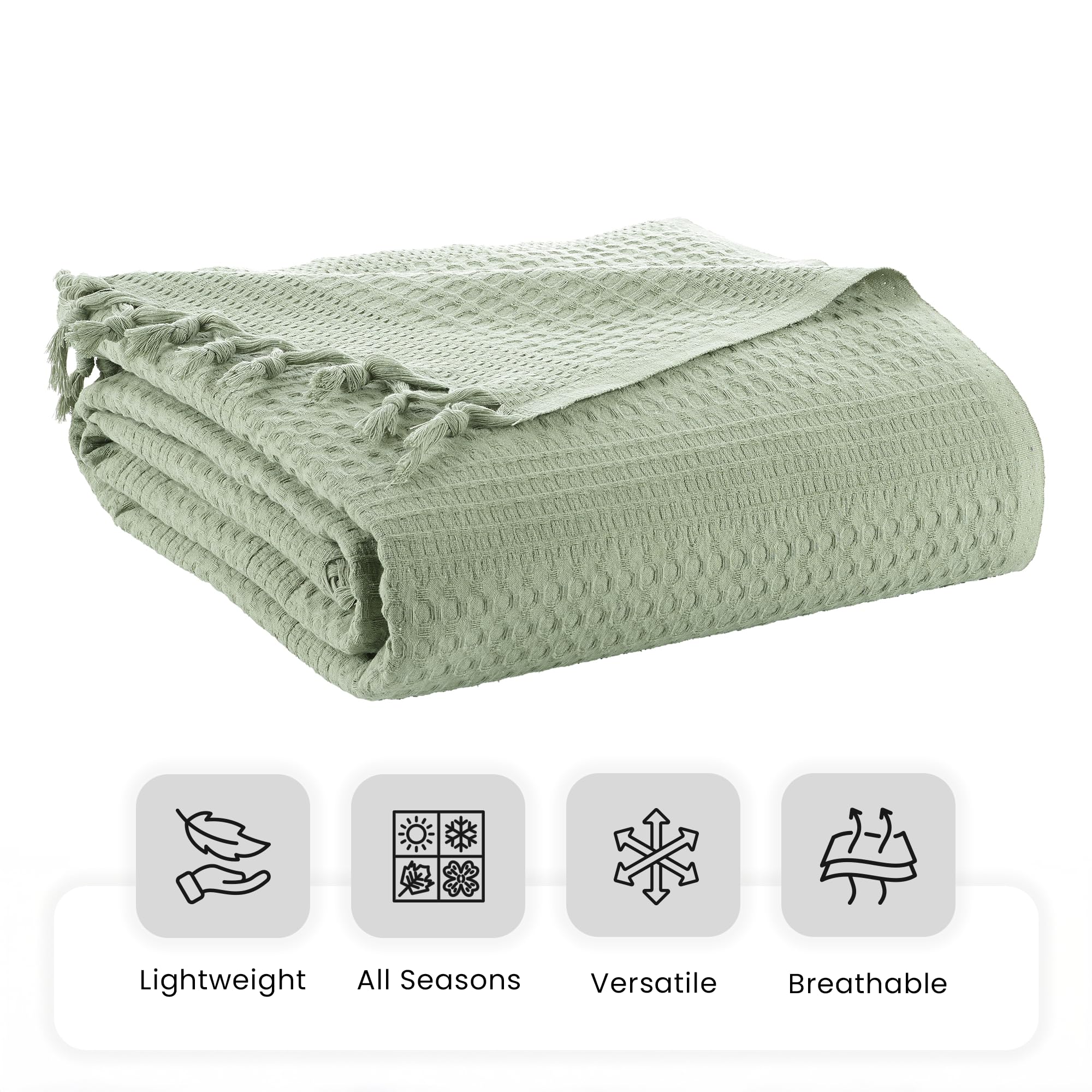 Milam London Sage Green Waffle Throw Blanket | 100% Cotton King Size Bedspread