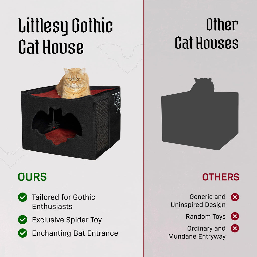 Gothic Cat Bed – Halloween House with Bat Entry and Scratch Pad