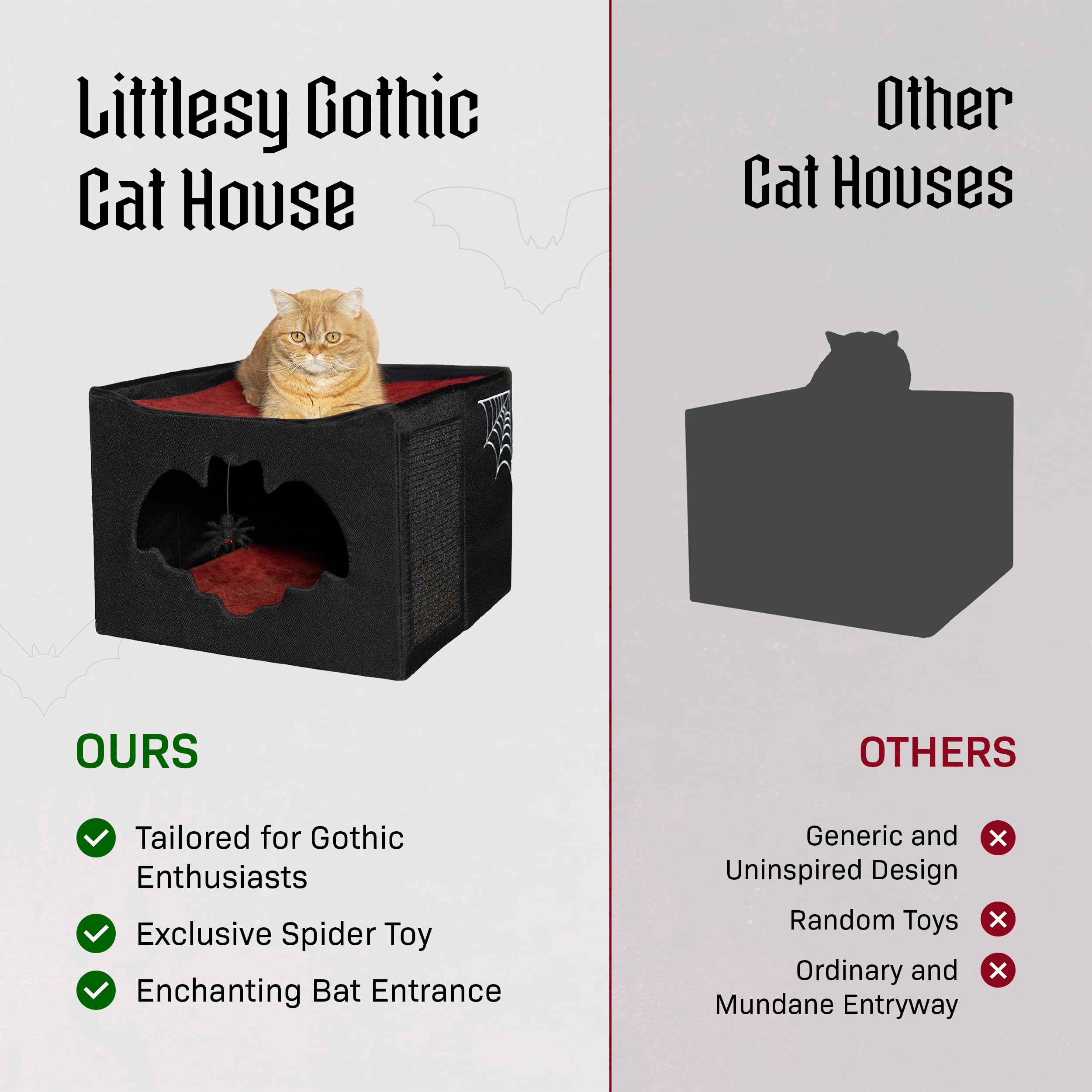 Gothic Cat Bed – Halloween House with Bat Entry and Scratch Pad