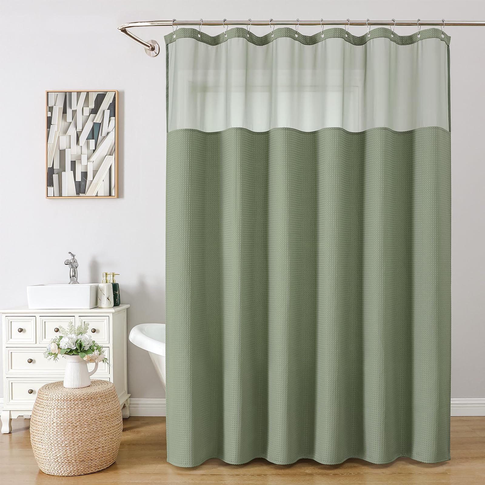 VANZAVANZU Waffle Weave Shower Curtain with Mesh Window - Green, 72x72