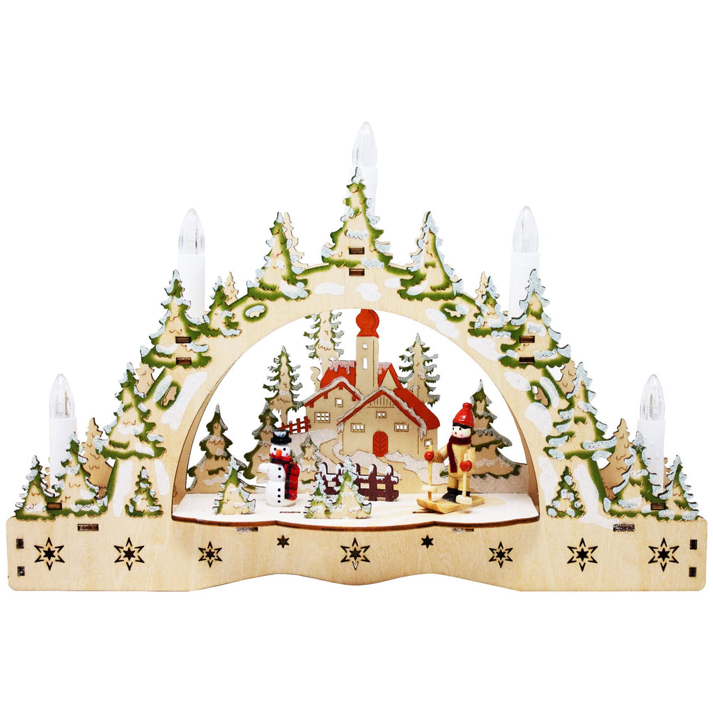 ToCi LED-Schwibbogen mit 5 Kerzen – Weihnachtsdeko Ski-Motiv 35cm
