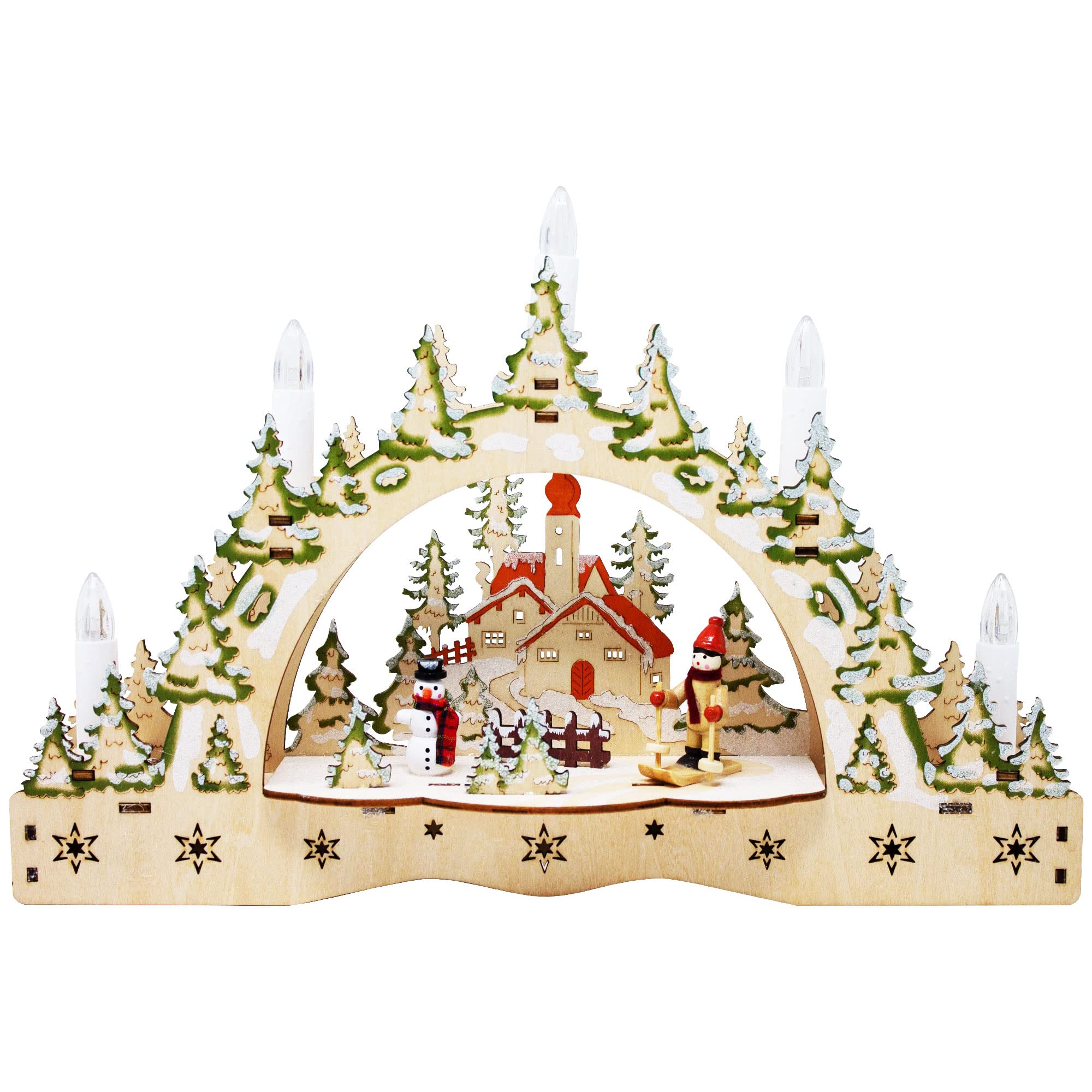 ToCi LED-Schwibbogen mit 5 Kerzen – Weihnachtsdeko Ski-Motiv 35cm