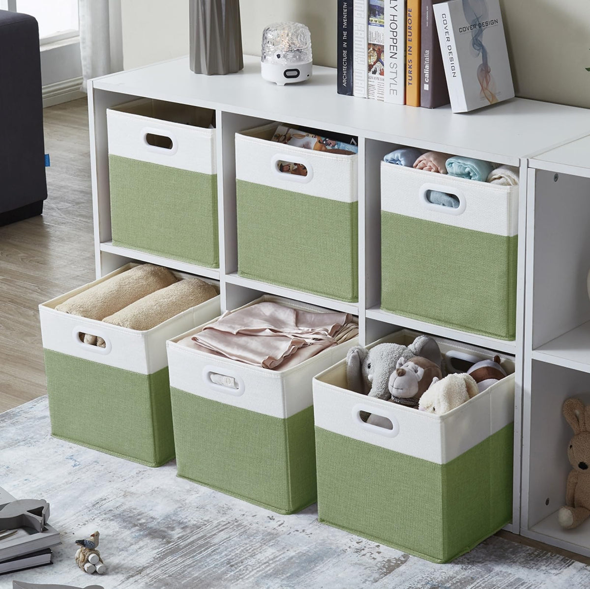 SOCOHOME Fabric Cube Storage Boxes,30x30x30cm Foldable Storage Baskets for Shelf Nursery ClosetGreen/White, Set of 4
