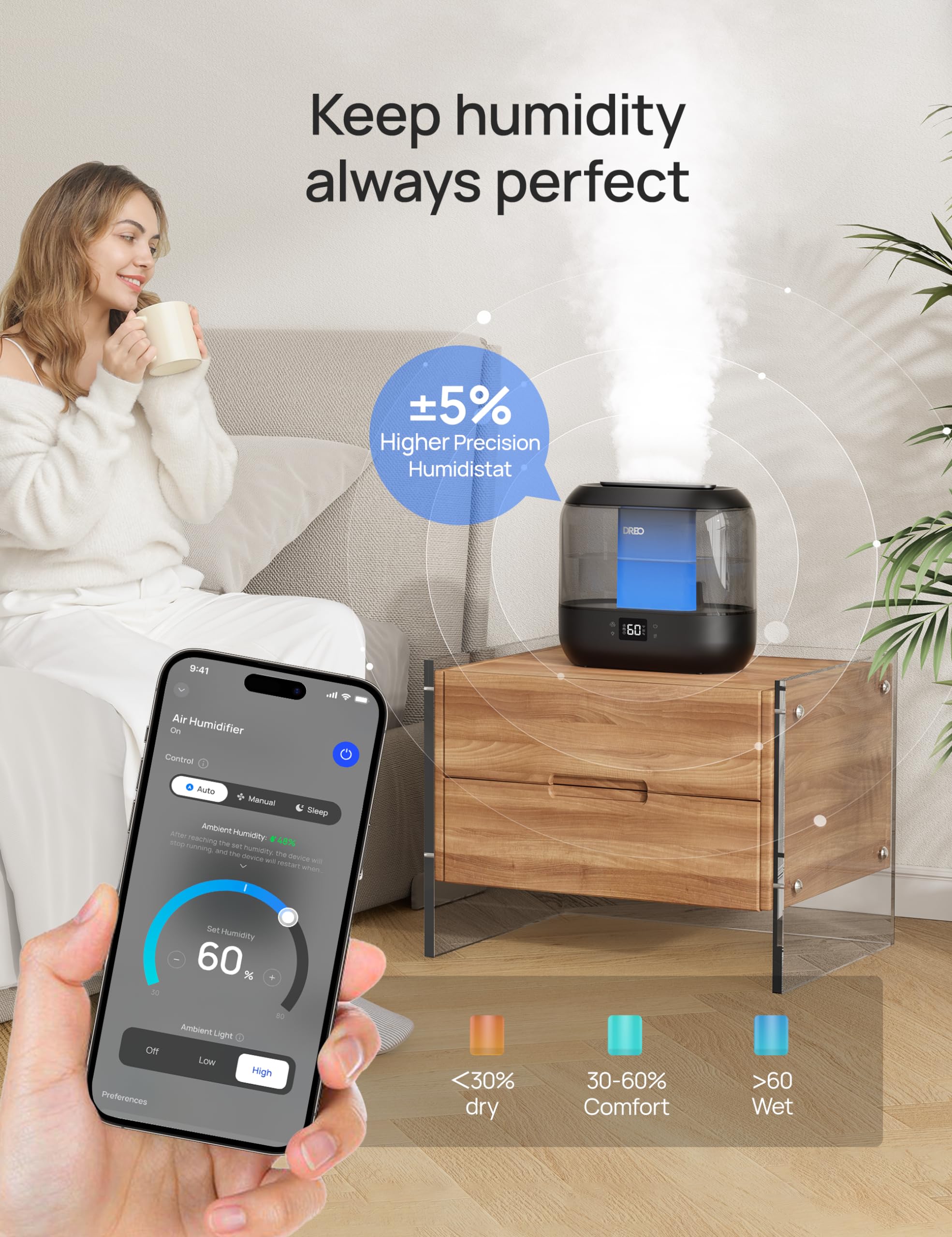 Dreo Smart Cool Mist Humidifier | 4L Ultrasonic Oil Diffuser for Bedroom