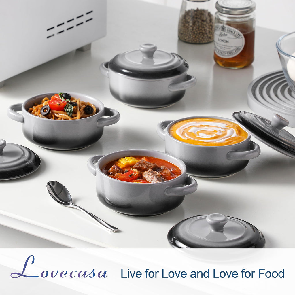 LOVECASA 12 oz Ceramic Mini Cocotte Set – 4 Pack French Onion Soup Bowls