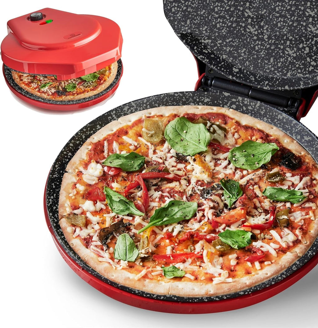 MisterChef 12 Inch Pizza Maker – 1450W Nonstick Ceramic Plates, Red