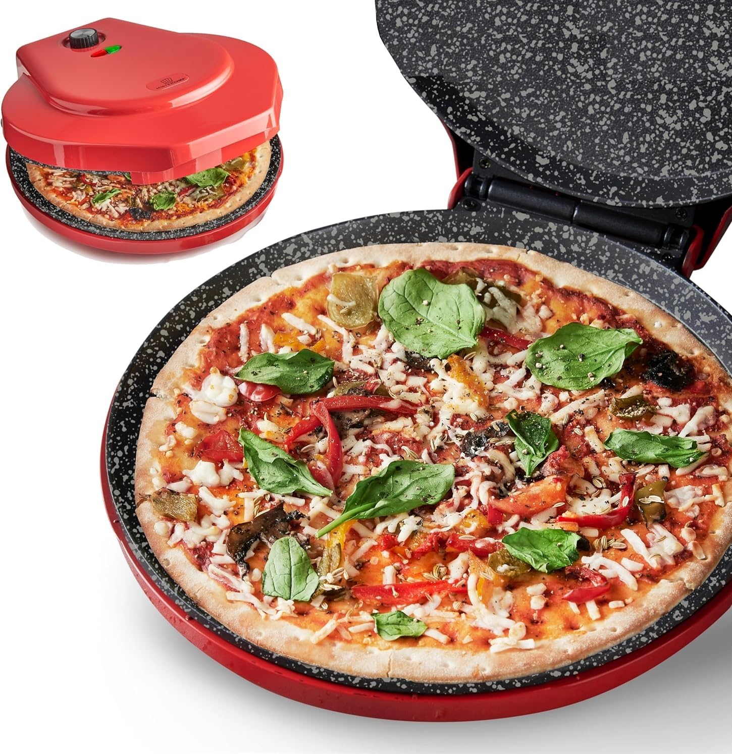 MisterChef 12 Inch Pizza Maker – 1450W Nonstick Ceramic Plates, Red