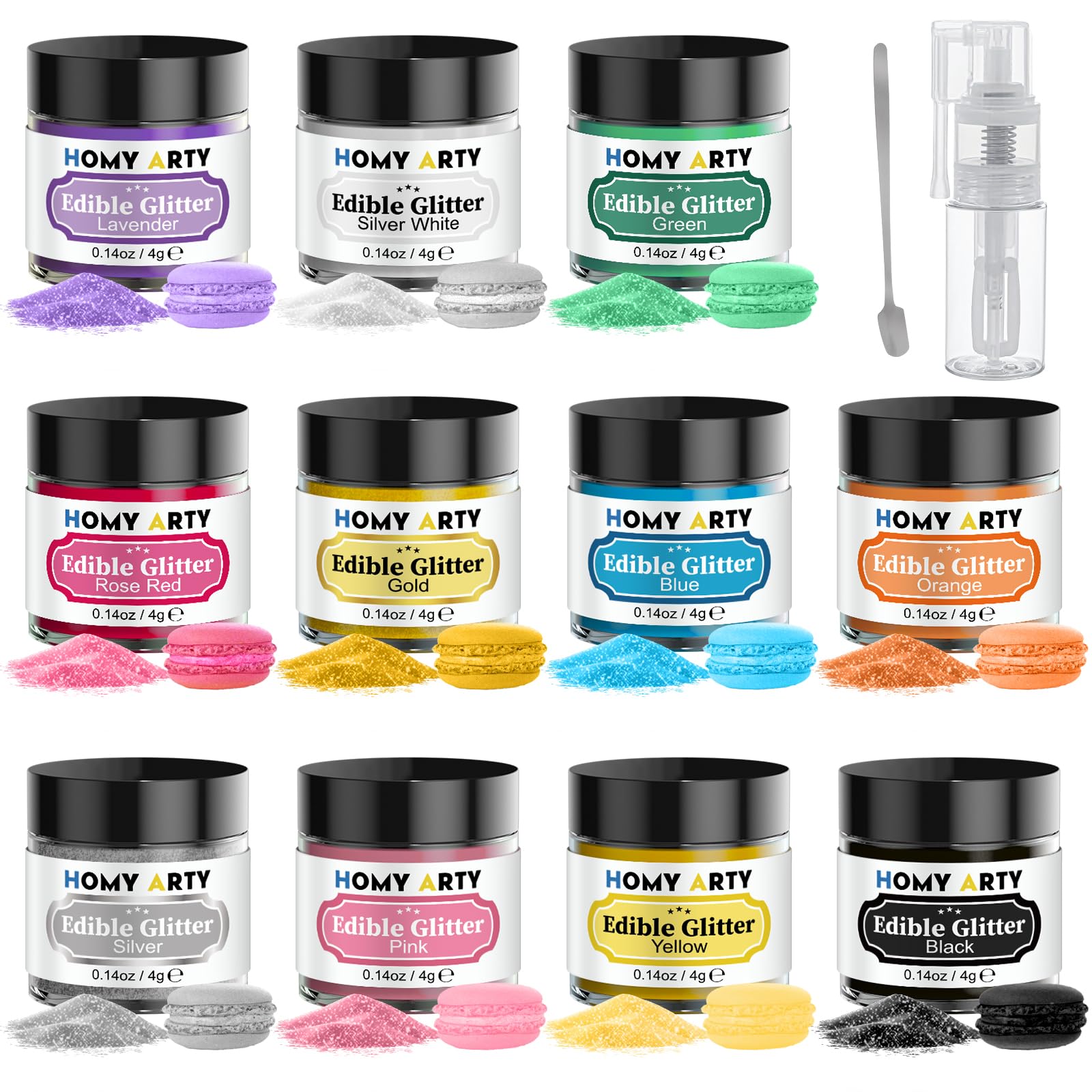 HOMY ARTY Edible Glitter Set - 11 Colors Luster Dust with Sprayer