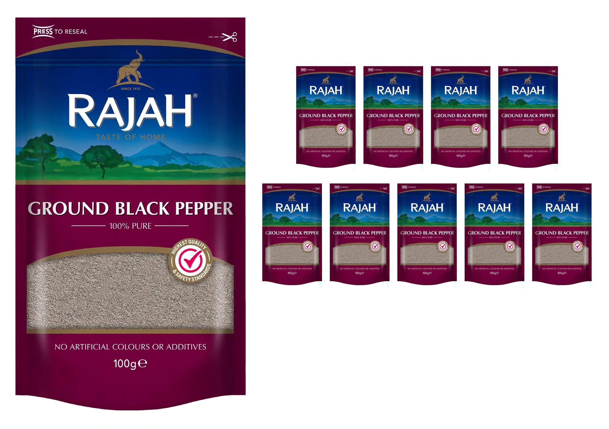 Rajah Ground Black Pepper - Pure Gourmet Spice (10 x 100g Bulk Pack)