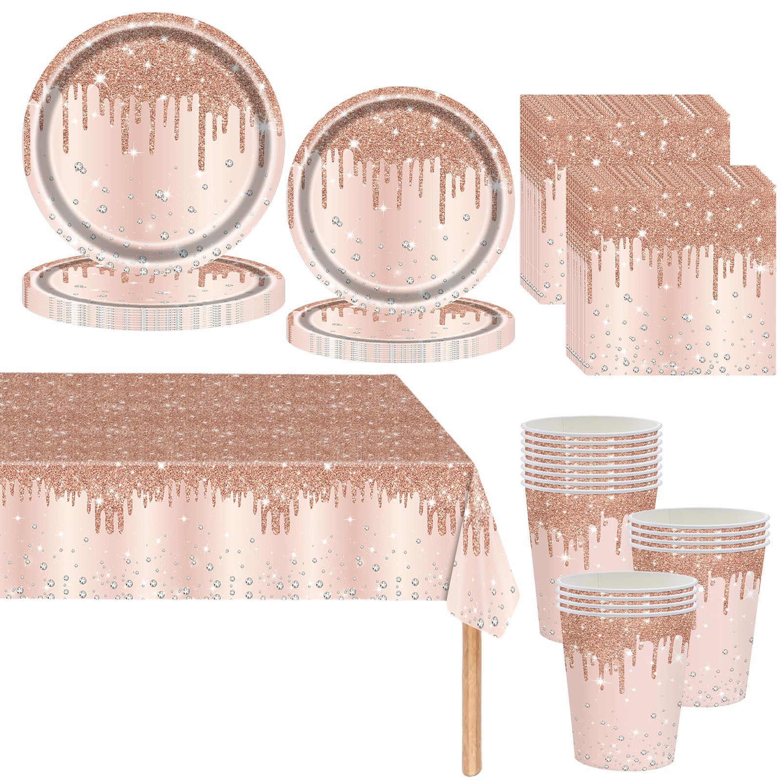 Rose Gold Glitter Party Tableware Set - 81pc Disposable Dinnerware