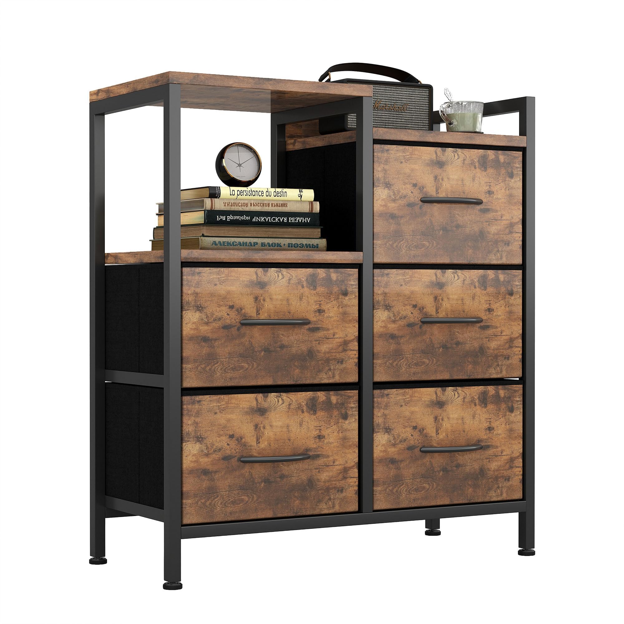 Flrrtenv 5-Drawer Tall Fabric Dresser with Shelf – Rustic Brown