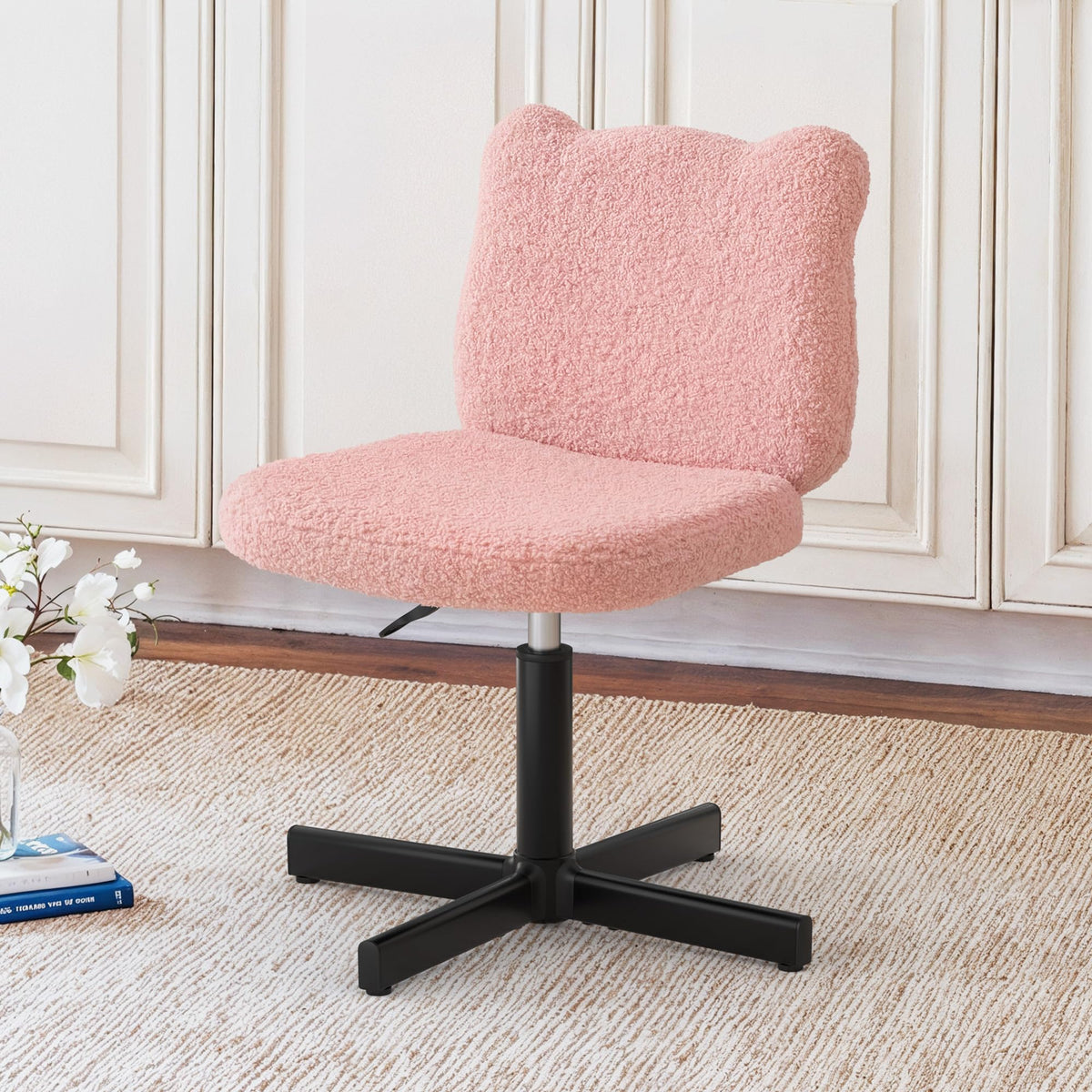 LUE BONA 360° Swivel Vanity Stool with Bear Ear Backrest, Height Adjustable Teddy Velvet Dressing Table Chair, Pink - image 2
