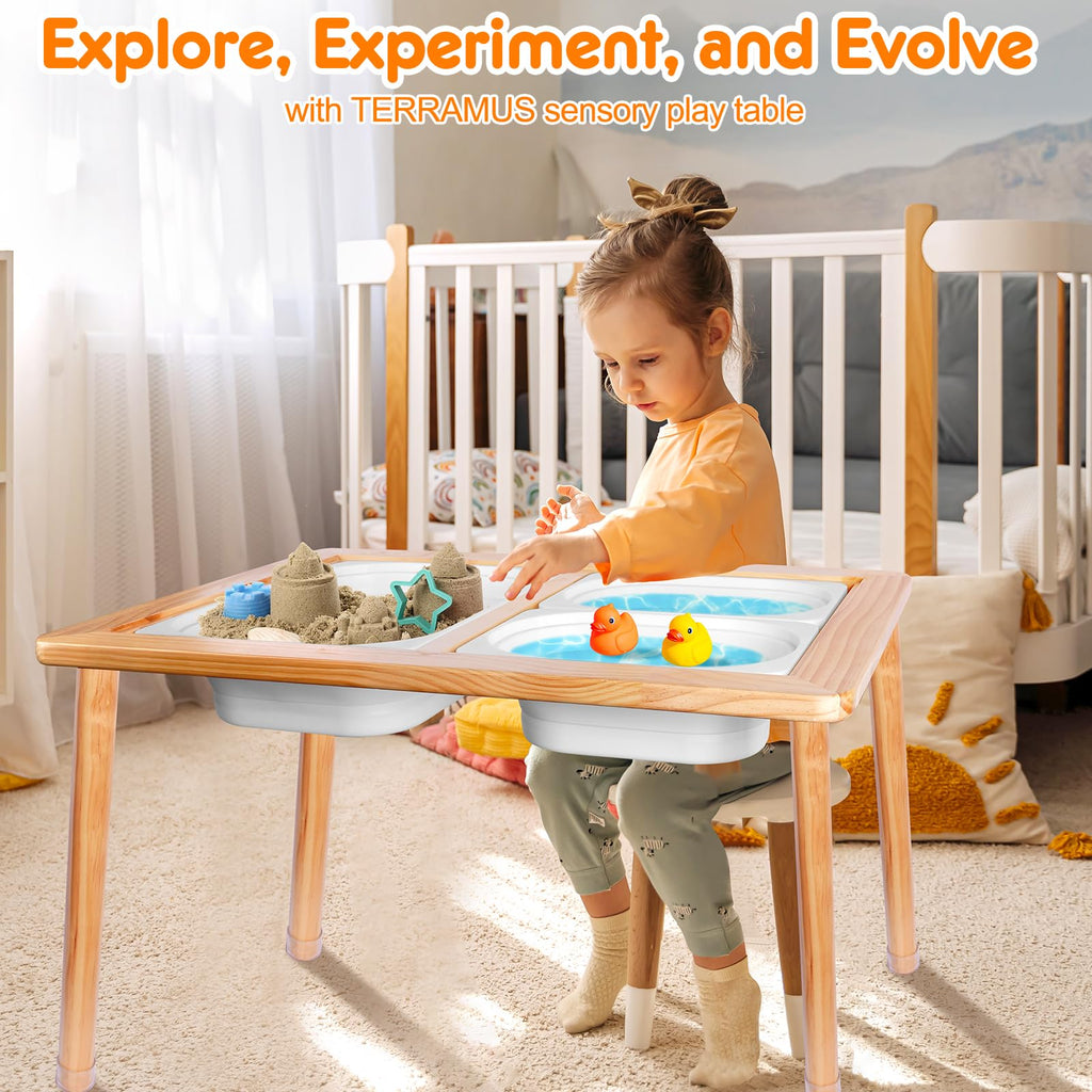 TERRASMUS Wooden Sensory Table | 3 Bins Activity Desk for Sand and Water