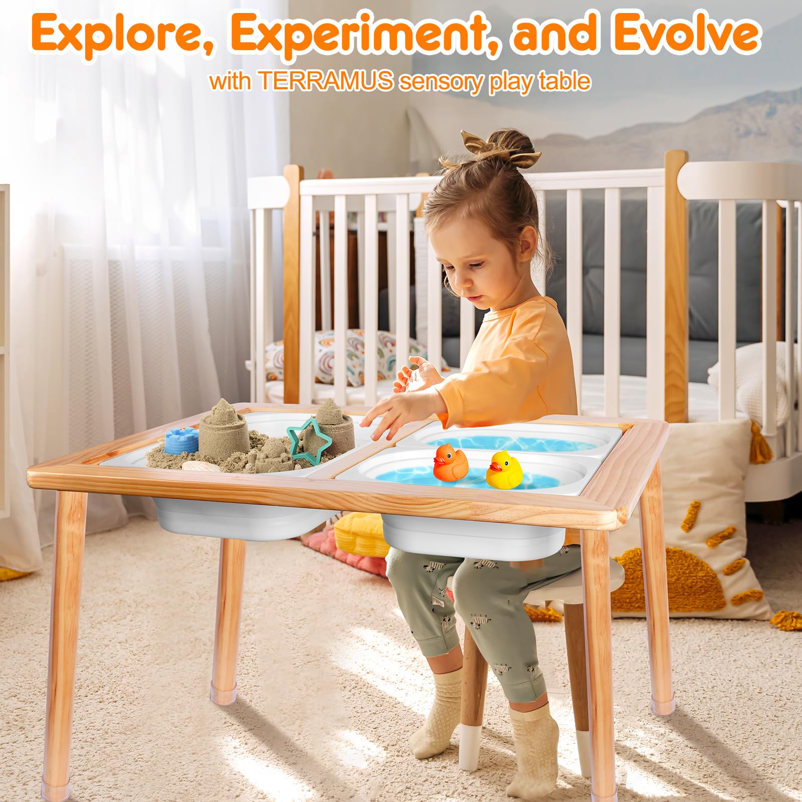 TERRASMUS Wooden Sensory Table | 3 Bins Activity Desk for Sand and Water